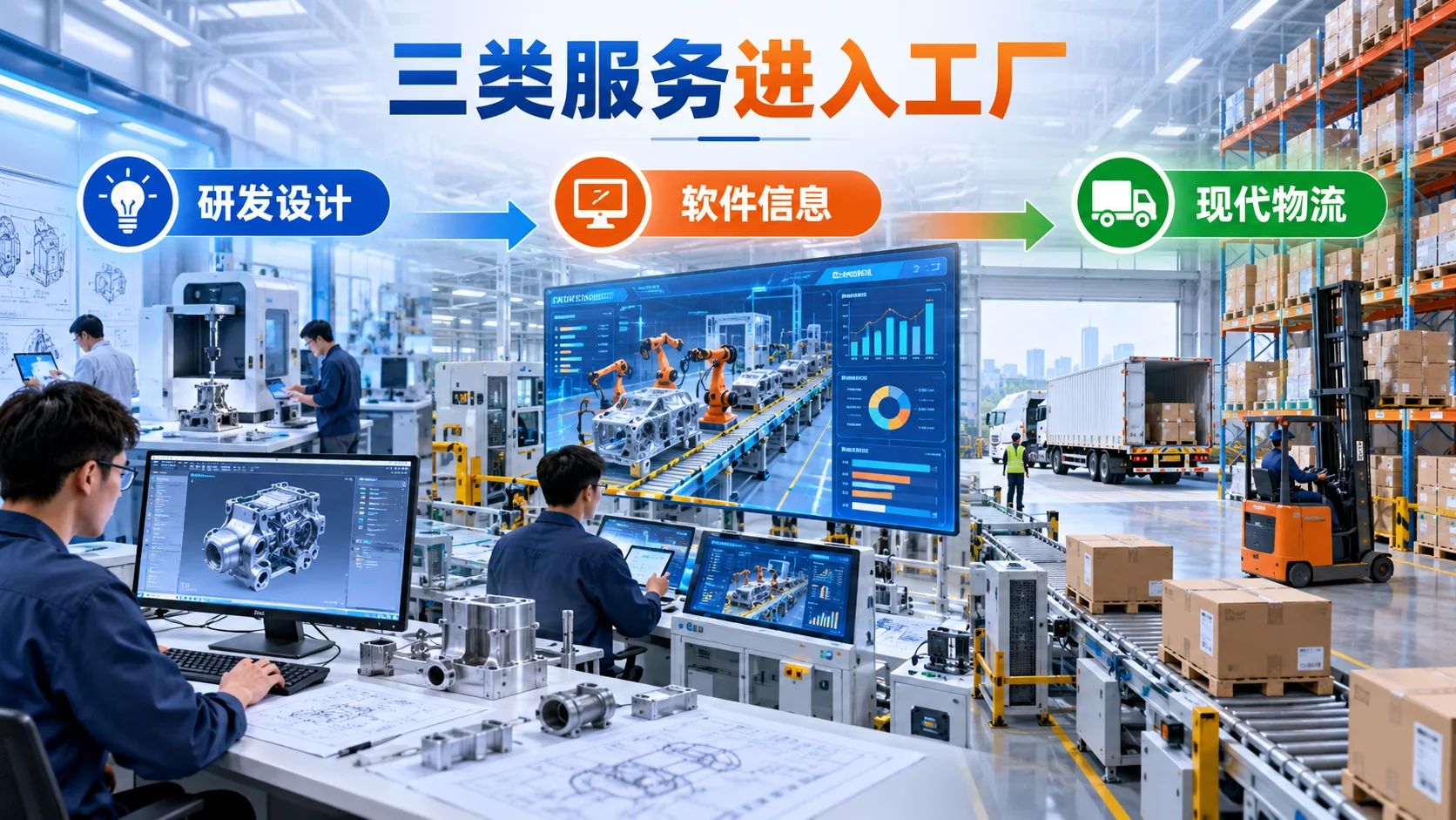 研发设计、软件与物流进入工厂的协作示意