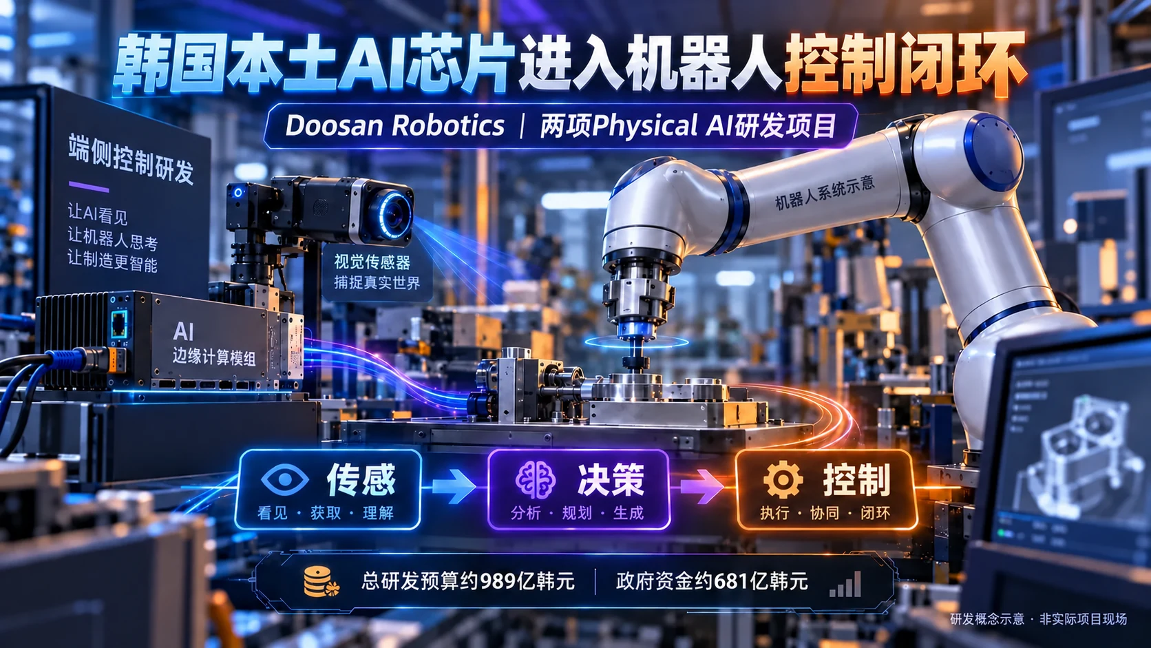 韩国本土AI芯片进入机器人控制闭环与焊接研发（概念示意）