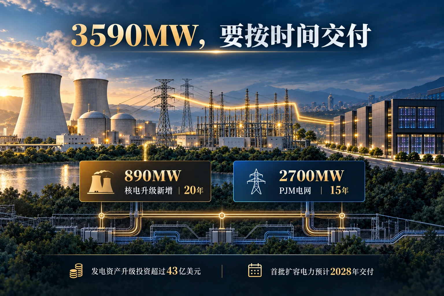 3590MW电力协议背后：AI数据中心先要排到电（概念示意）