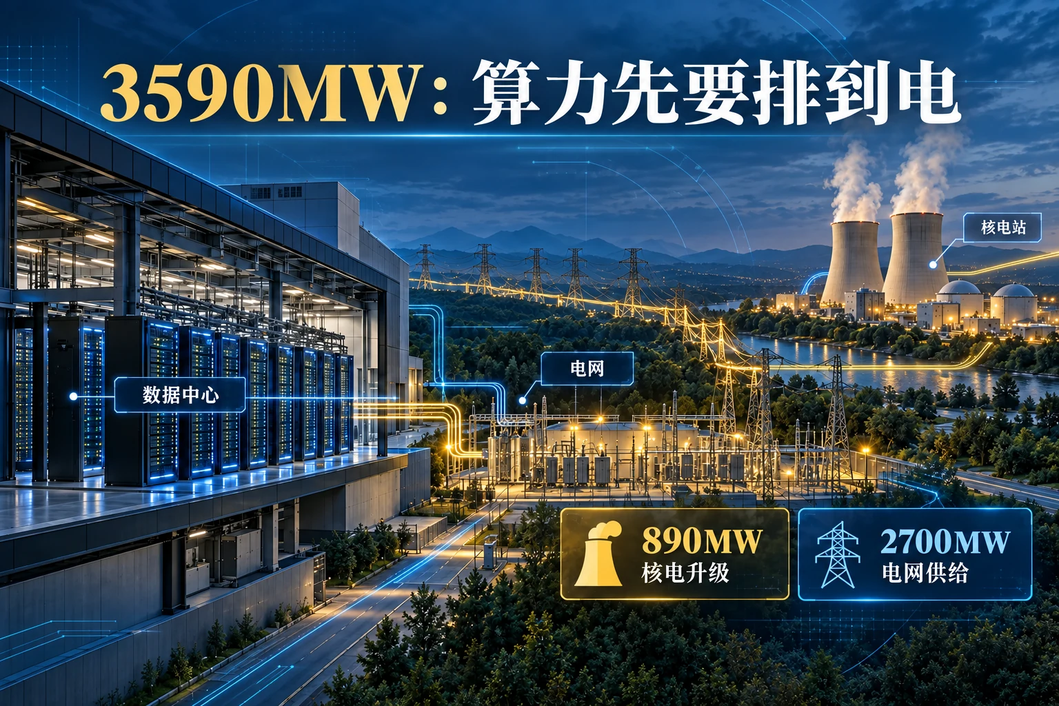 3590MW电力协议背后：AI数据中心先要排到电（概念示意）