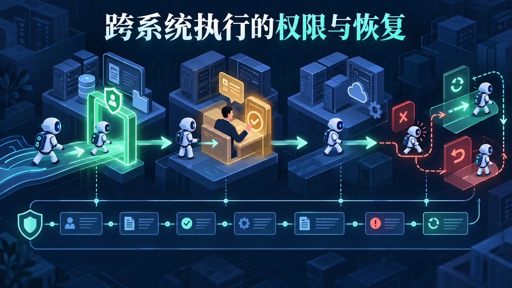 企业智能体跨系统执行与审批边界主题示意，非产品界面截图