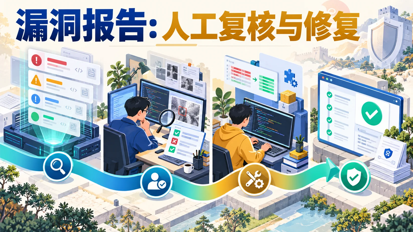 开源漏洞报告从模型发现到人工验证与修复的流程主题示意，非真实扫描结果
