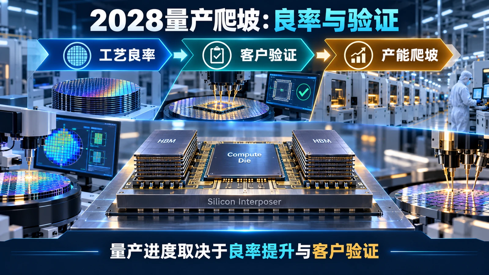 硅中介层连接计算芯片与高带宽内存的封装结构示意图
