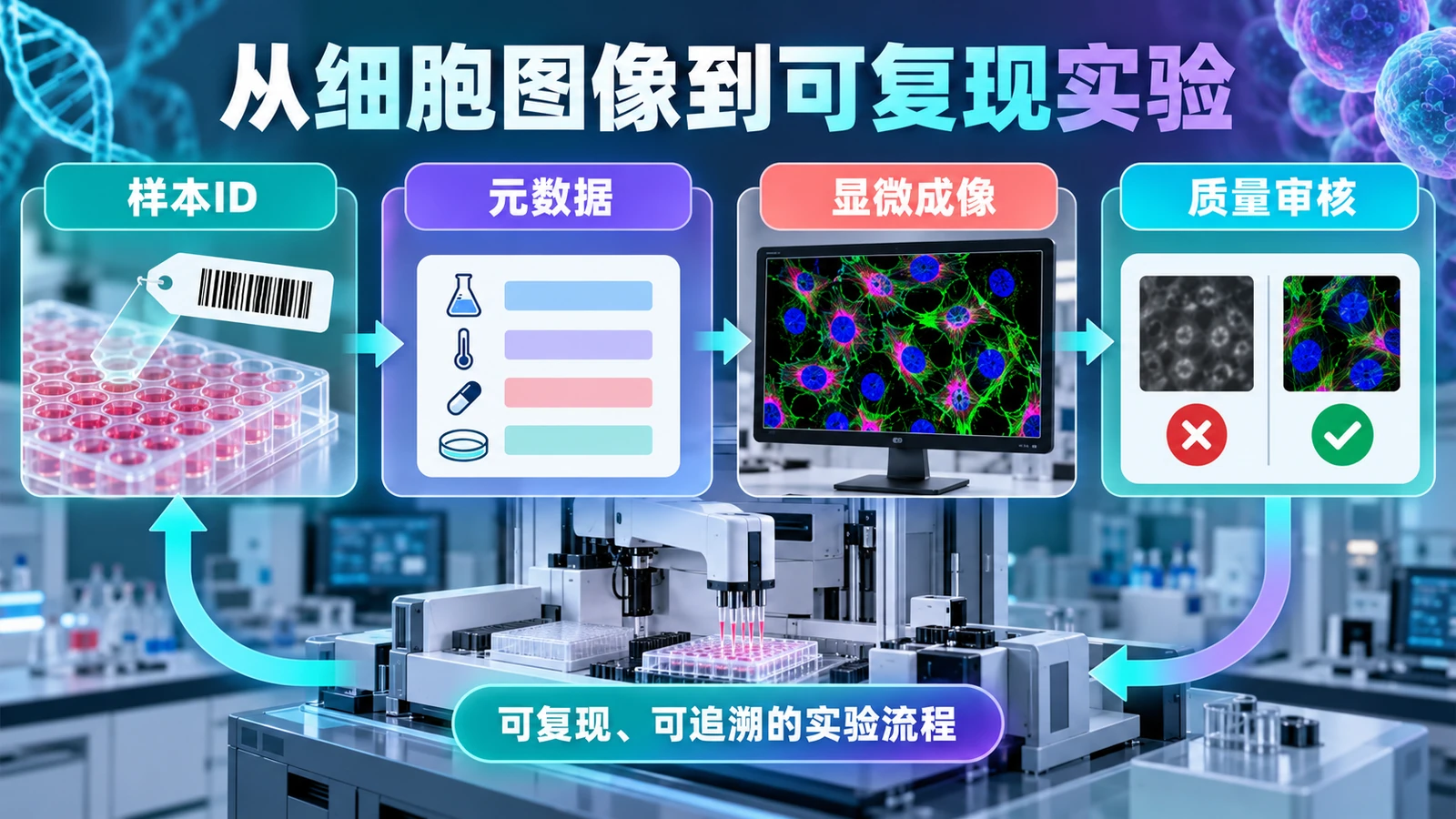 自动化实验室中样本流转、细胞成像和数据关联的流程示意图