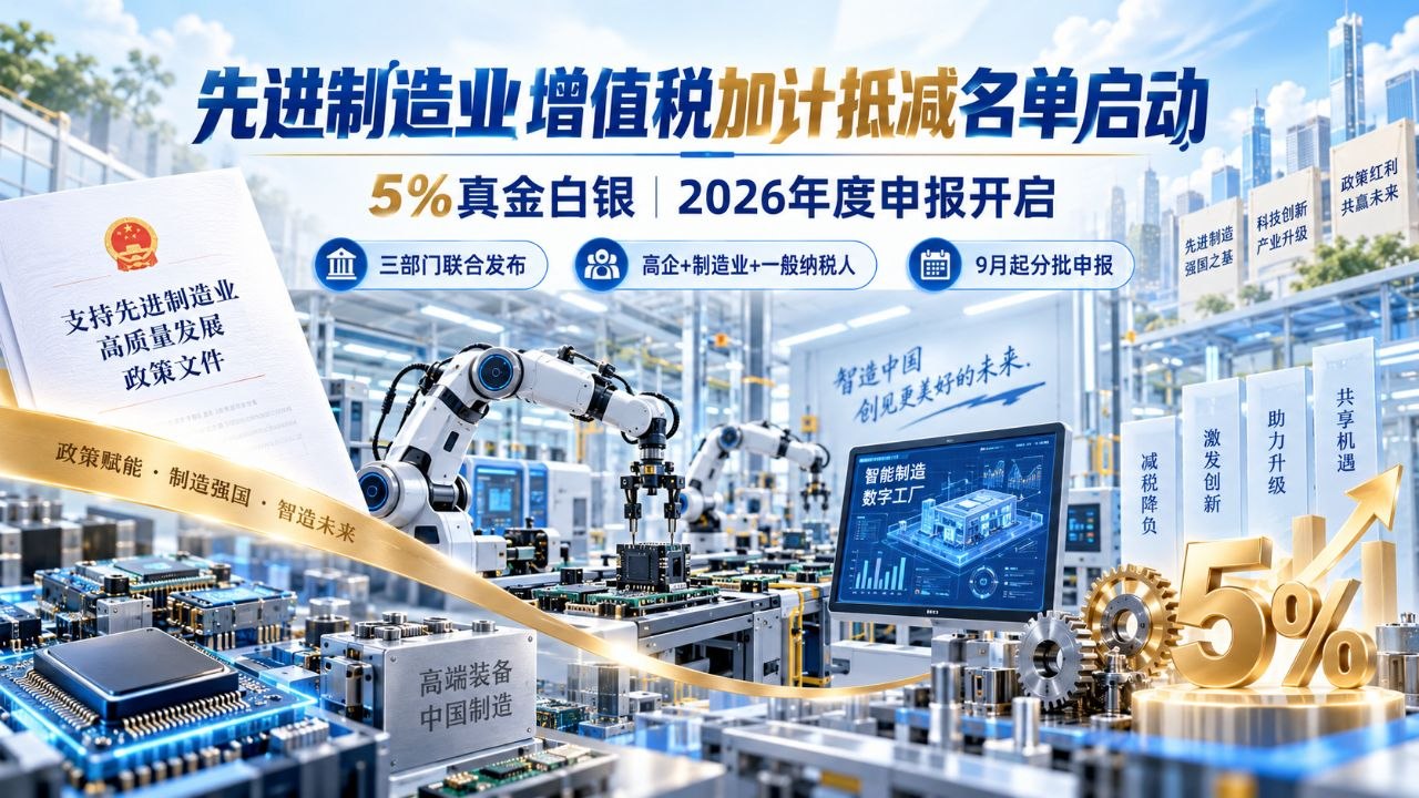 三部门启动2026先进制造业增值税加计抵减名单：5%真金白银，制造业高企9月起分批申报