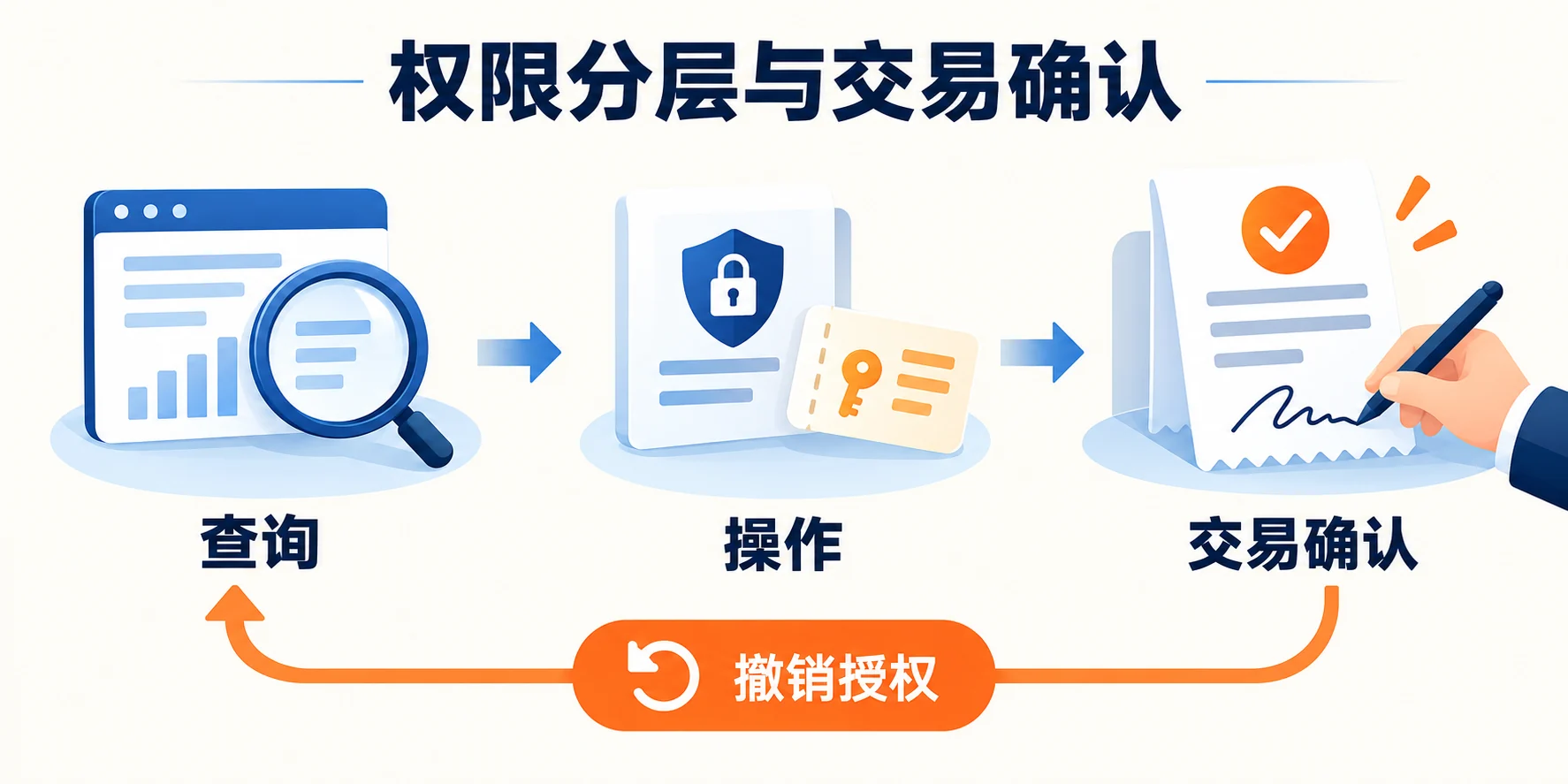 第三方智能体的只读查询、受限操作和交易确认权限分层图