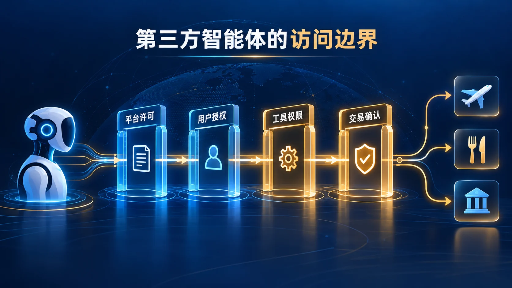 第三方智能体访问边界：平台许可、用户授权、工具权限与交易确认四道闸门