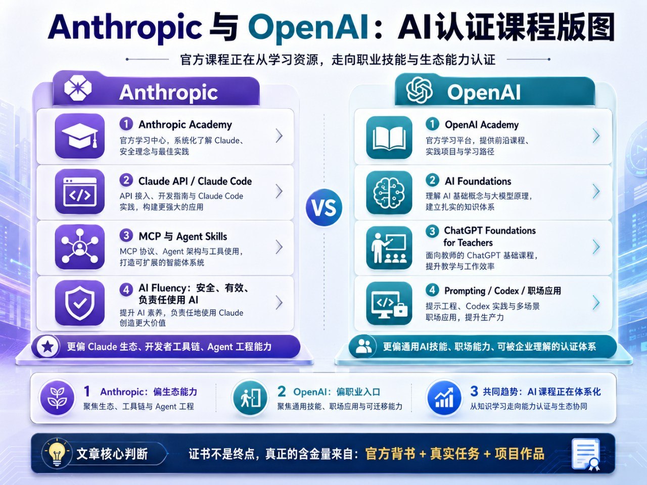 Anthropic 与 OpenAI 的 AI 认证课程版图：官方课程正从学习资源，走向职业技能与生态能力认证