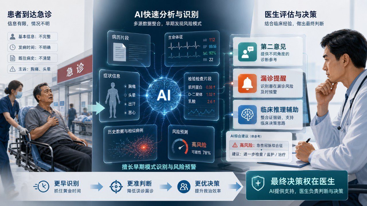 AI在急诊场景中的第二意见、漏诊提醒与临床推理辅助示意图