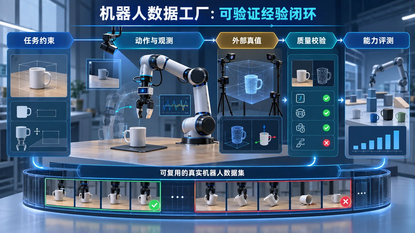 机器人数据工厂的任务、episode、校验和能力评测关系示意