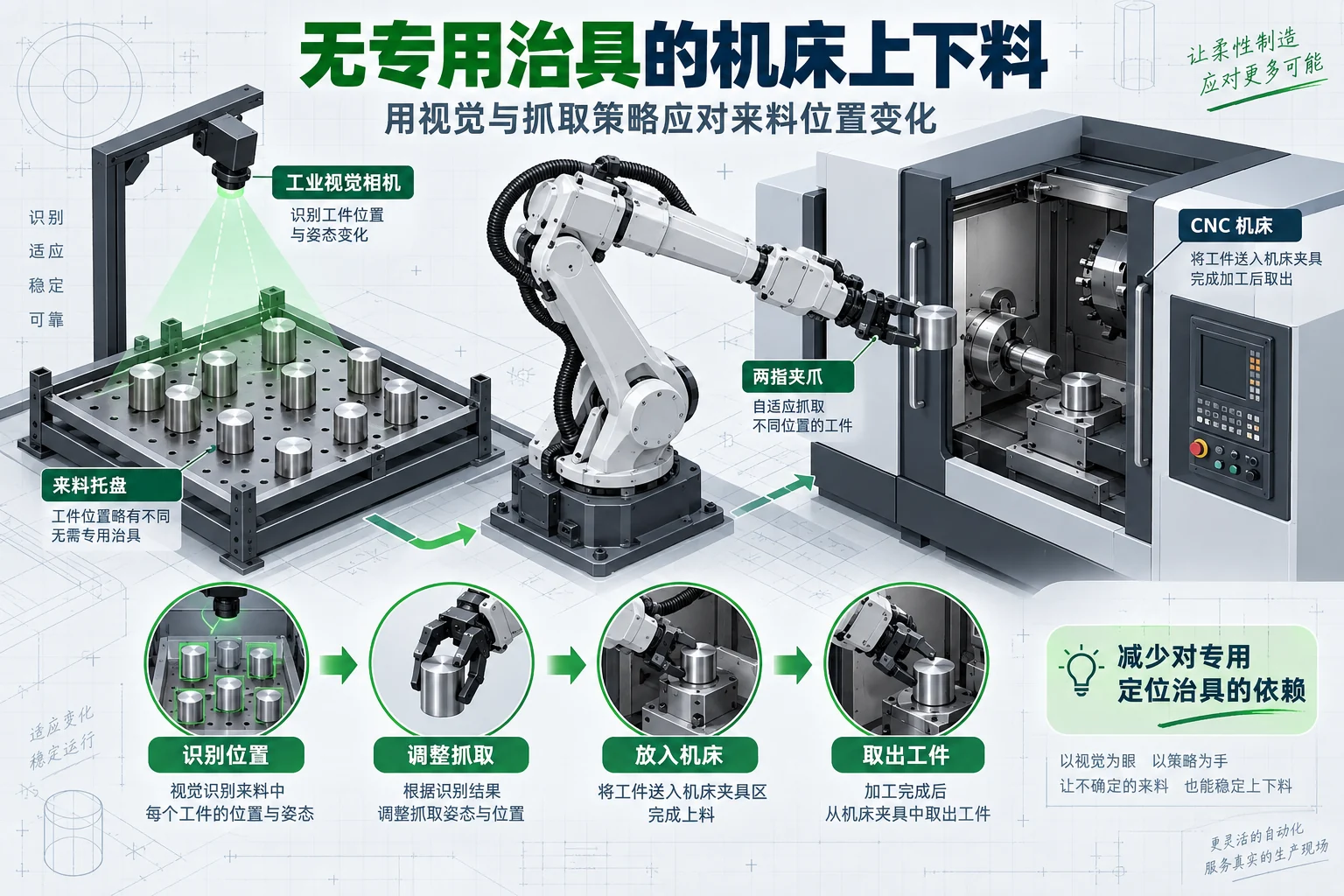 散放工件识别、抓取、机床握手与异常回退流程示意