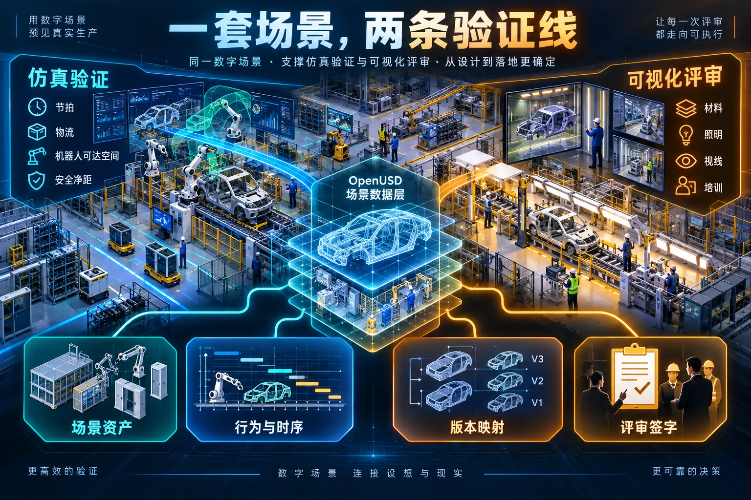 FactoryLens把工厂仿真留在同一张图里：OpenUSD能解决什么，不能解决什么：核心机制与落地路径信息图