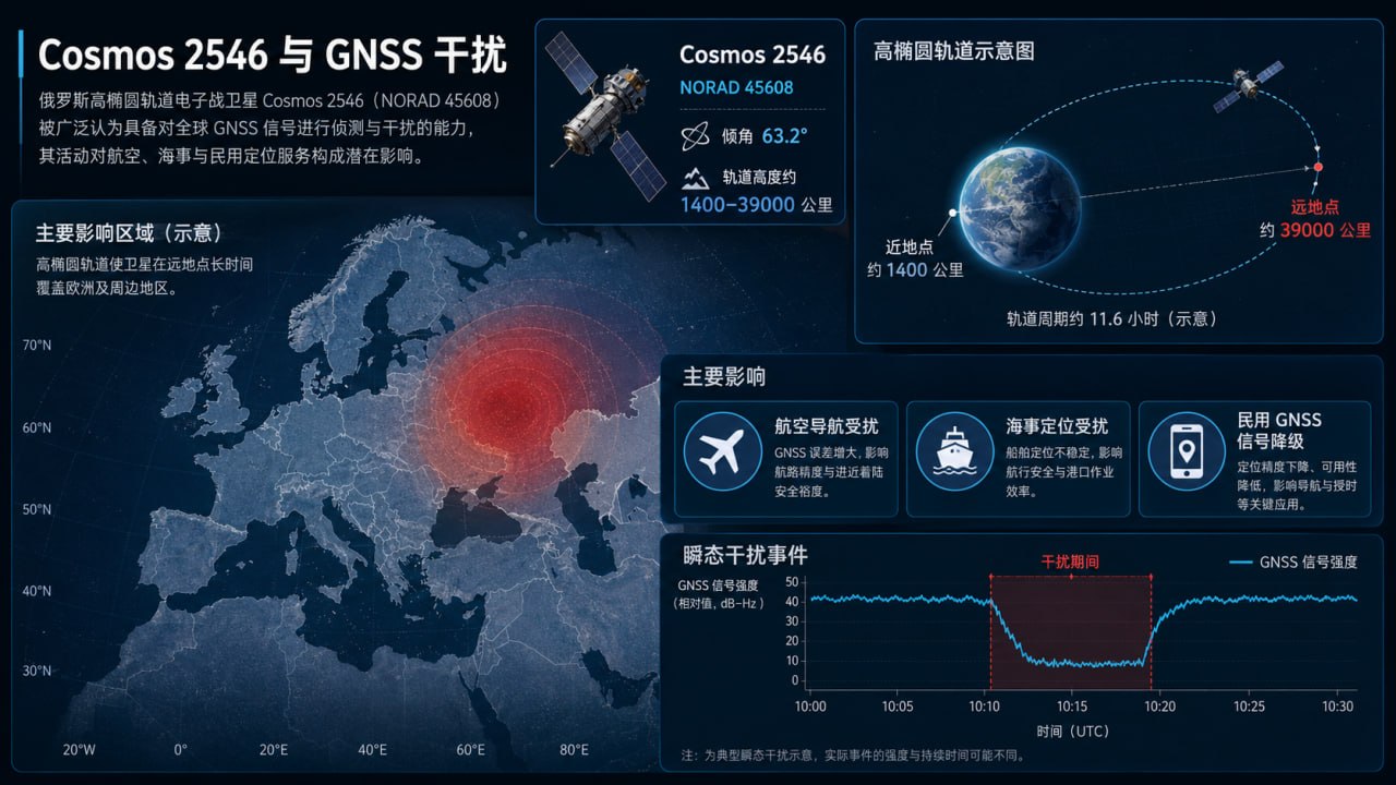 Cosmos 2546 与 GNSS 干扰影响区域示意图
