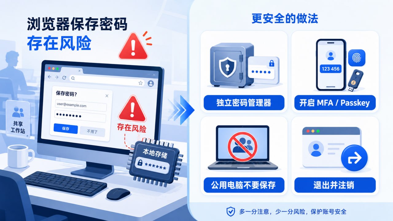 更安全的密码管理做法：独立密码管理器、MFA/Passkey、公用电脑不保存、使用后及时退出