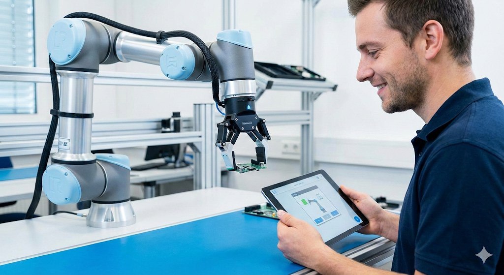技术人员通过平板电脑与协作机器人交互
