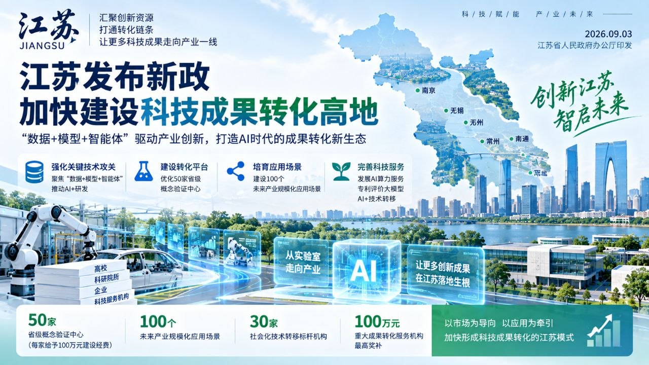 江苏把“数据+模型+智能体”写进成果转化政策：100个场景、50家概念验证中心，AI+研发开始走向制度化正文配图