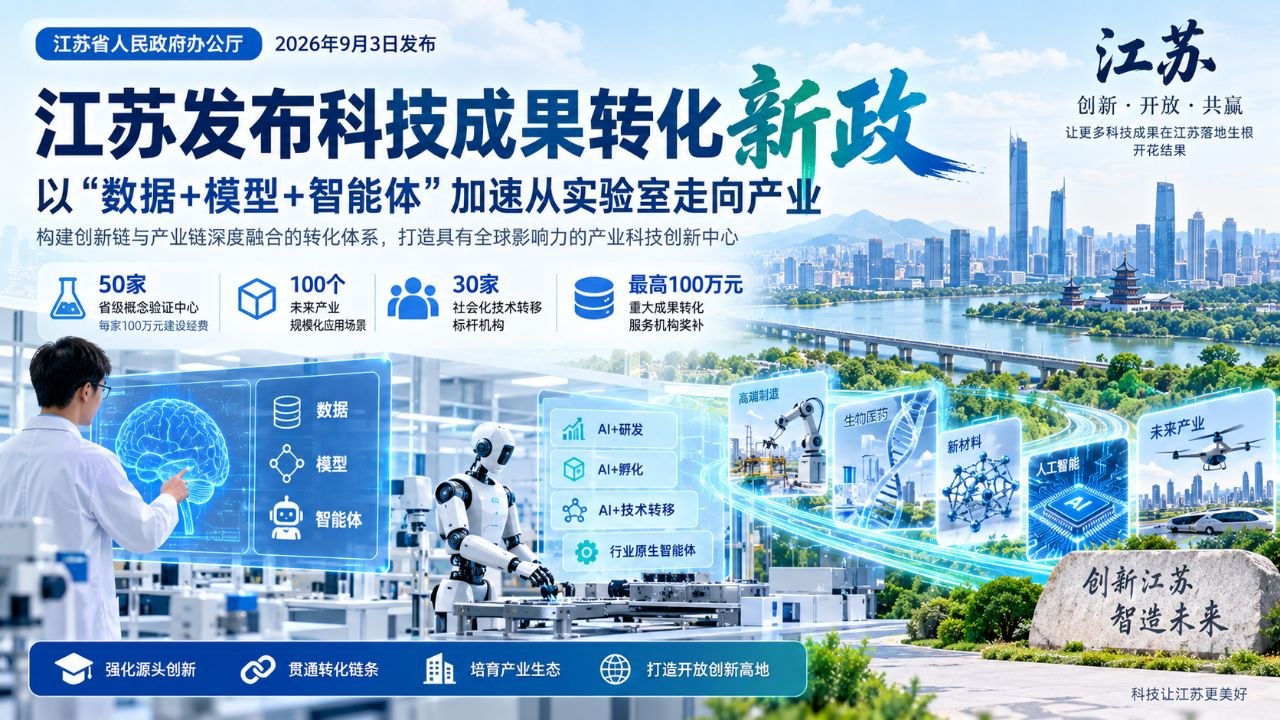 江苏把“数据+模型+智能体”写进成果转化政策：100个场景、50家概念验证中心，AI+研发开始走向制度化