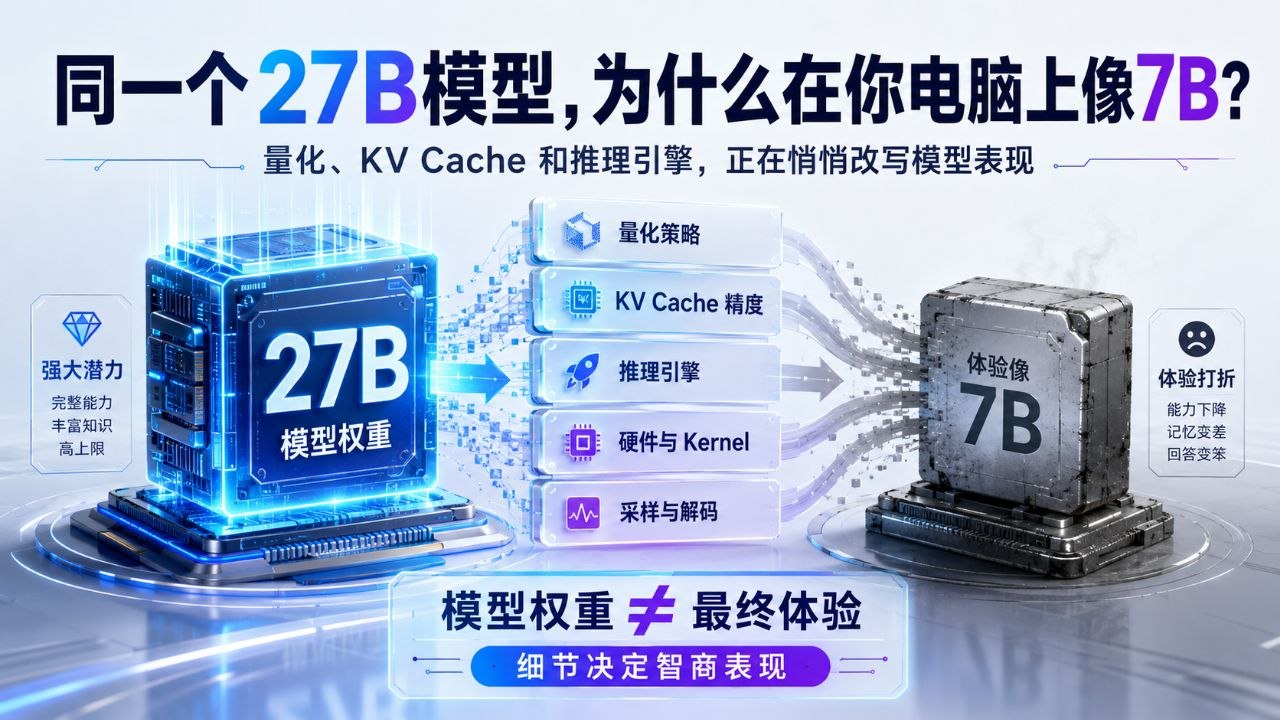 同一个27B模型,为什么在你电脑上像7B:量化、KV Cache和推理引擎正在偷偷改掉模型