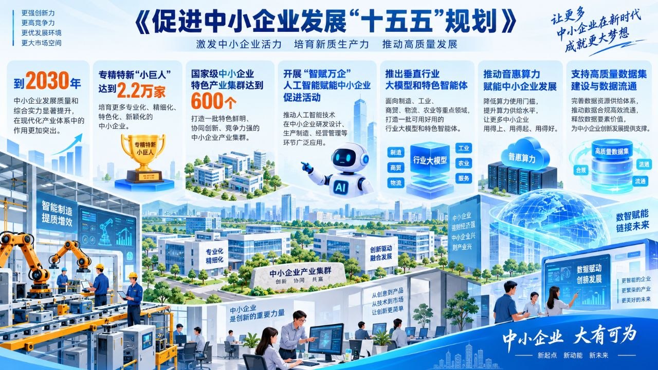 十部门把AI写进中小企业“十五五”：2.2万家“小巨人”、600个产业集群，“智赋万企”开始进入实施期正文配图