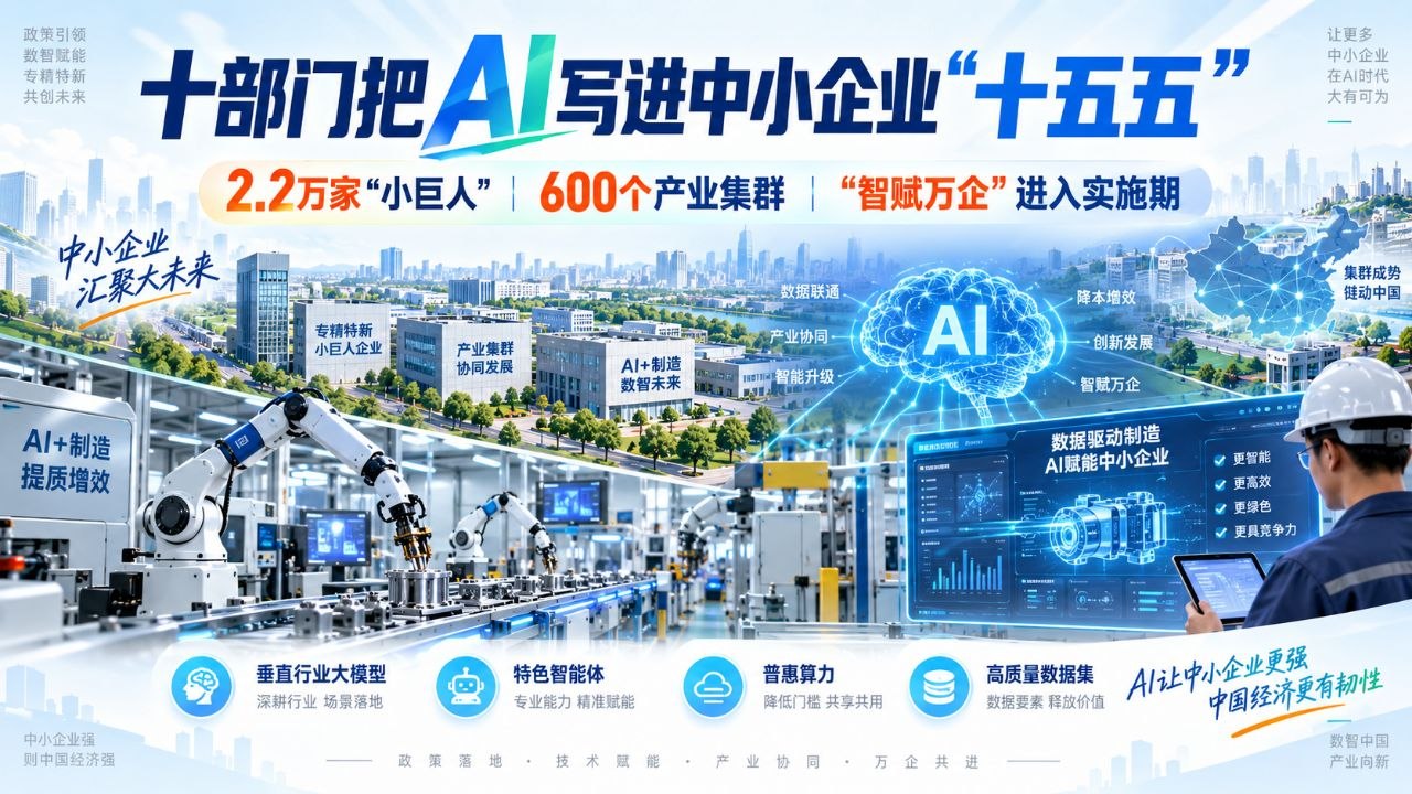 十部门把AI写进中小企业“十五五”：2.2万家“小巨人”、600个产业集群，“智赋万企”开始进入实施期