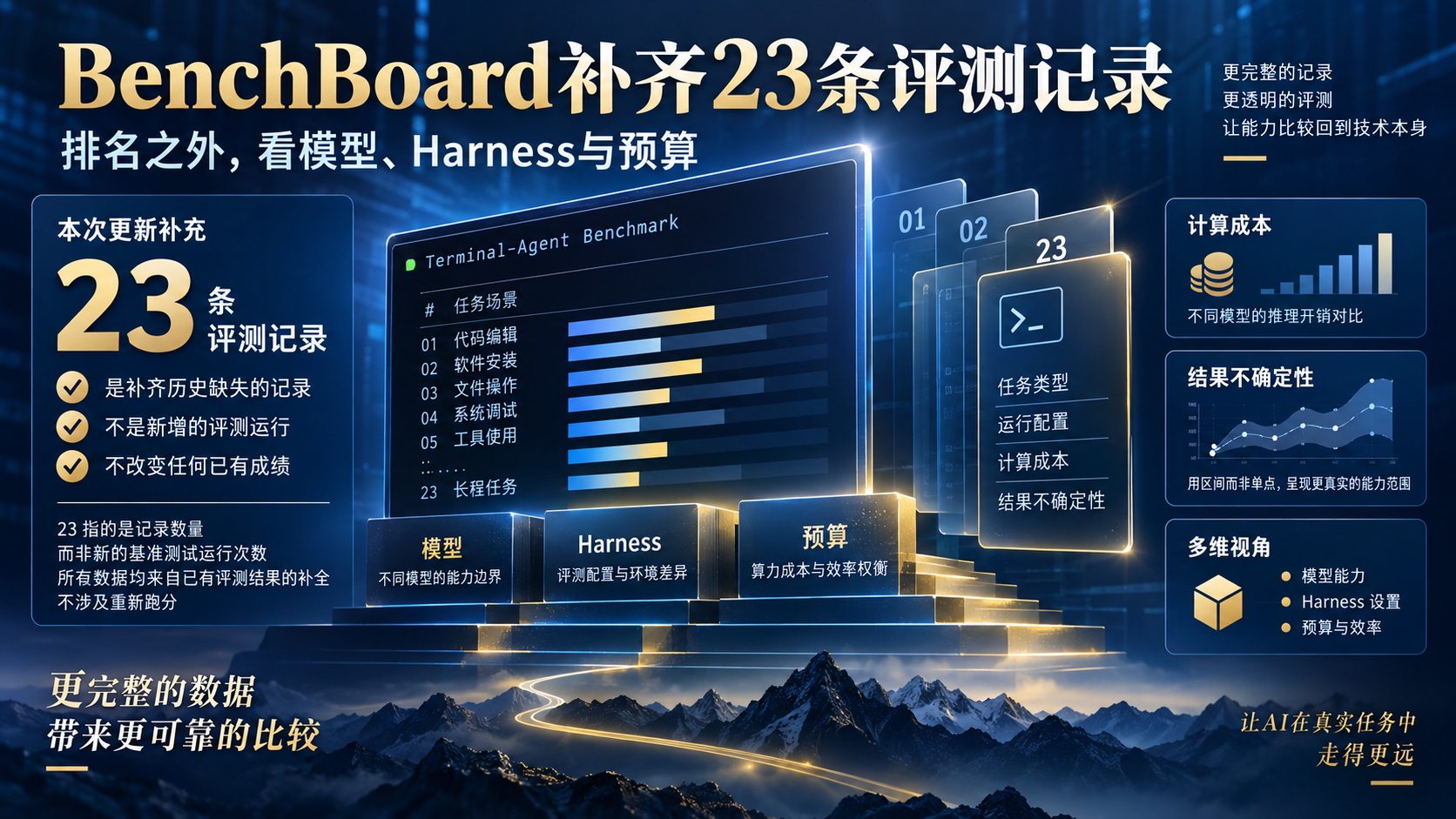 BenchBoard补齐23条结果：Agent评测怎样分账——独立封面信息海报