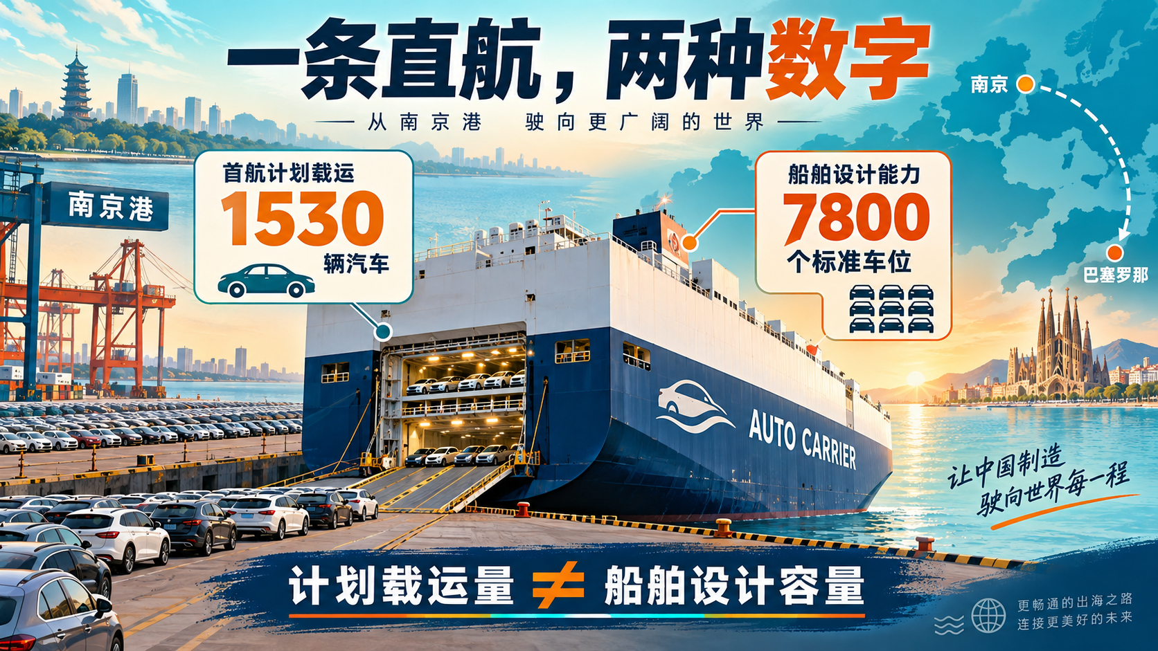 南京港滚装直航：1530辆首航计划与7800车位别混算——正文信息海报
