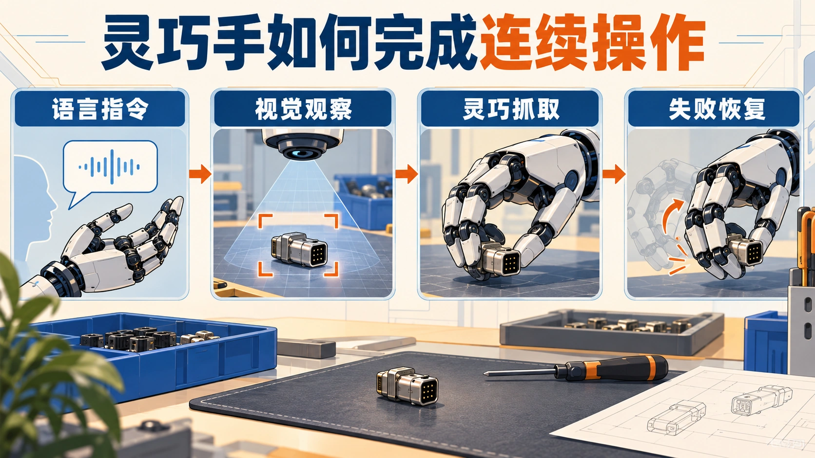 人类第一人称数据、动作模型、控制闭环与工位验收概念示意图