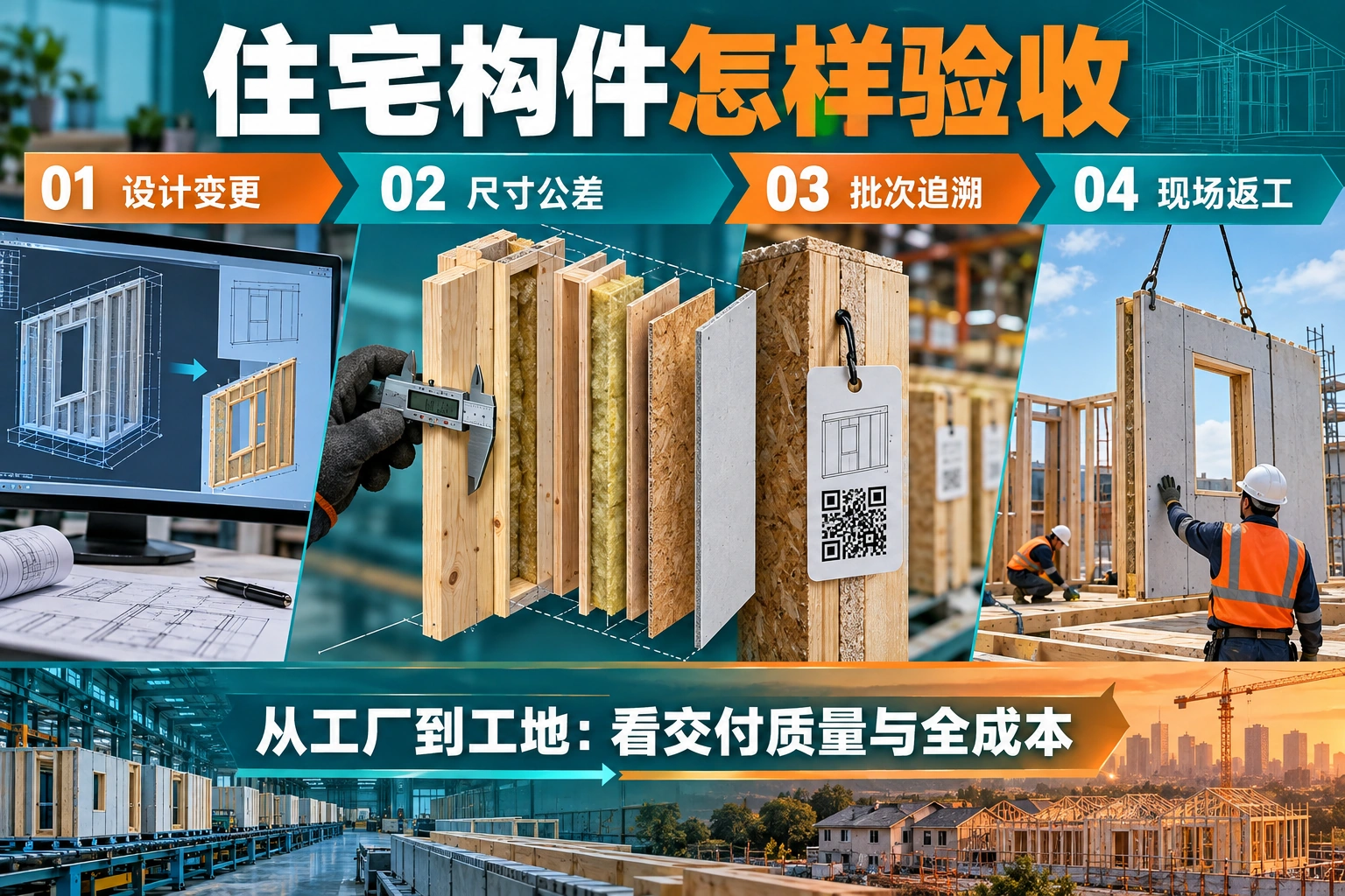设计版本、构件生产、质检、运输与现场装配的接口概念示意图