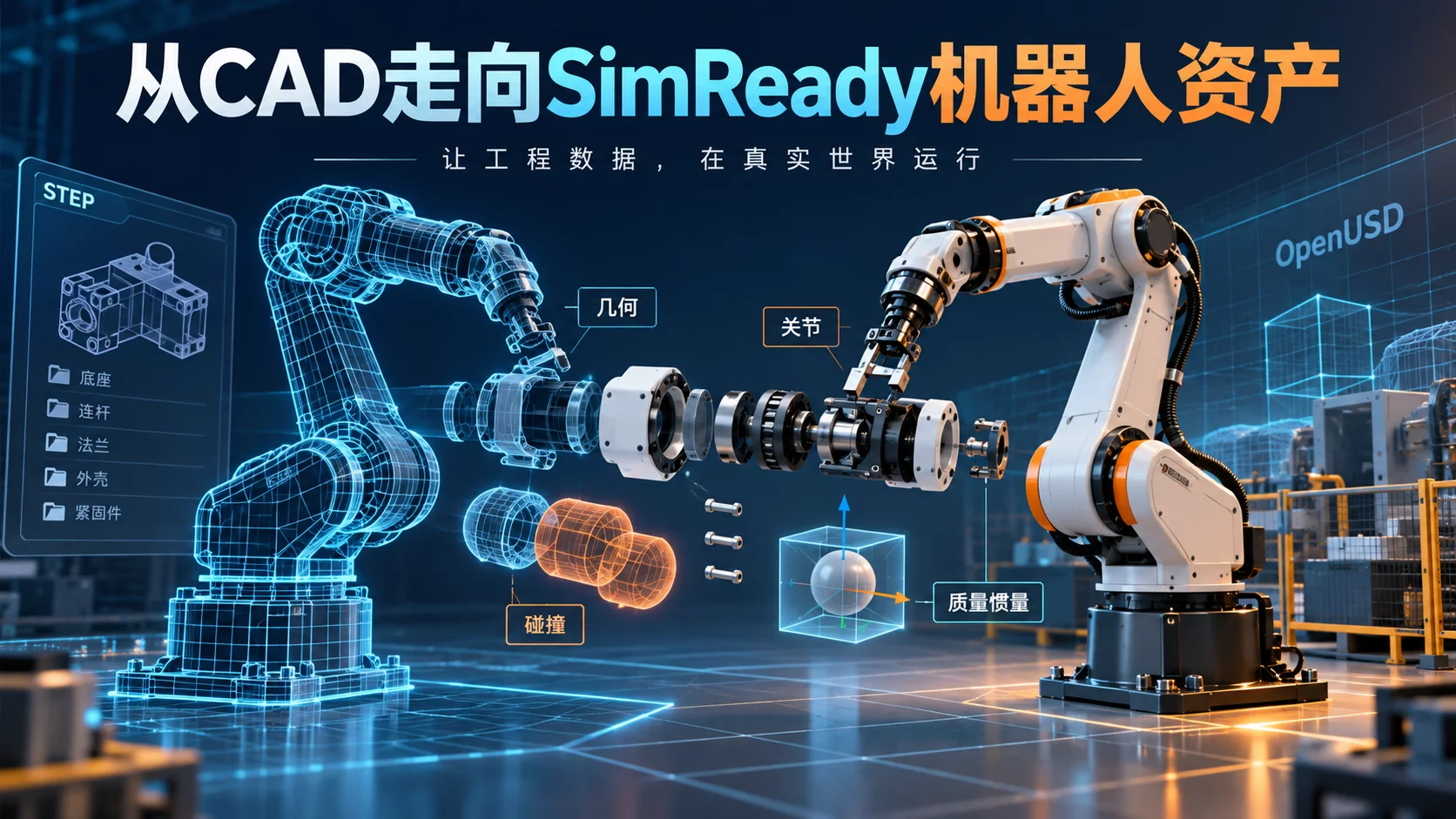 CAD 进了仿真器还不够：拆解 NVIDIA 的机器人 SimReady 五步工作流主题技术信息图