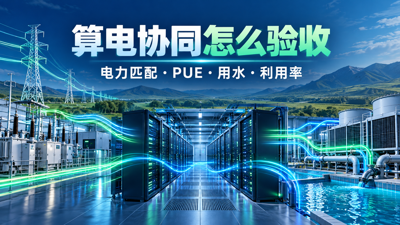 绿电、计算任务、冷却耗水与网络交付四本账信息图