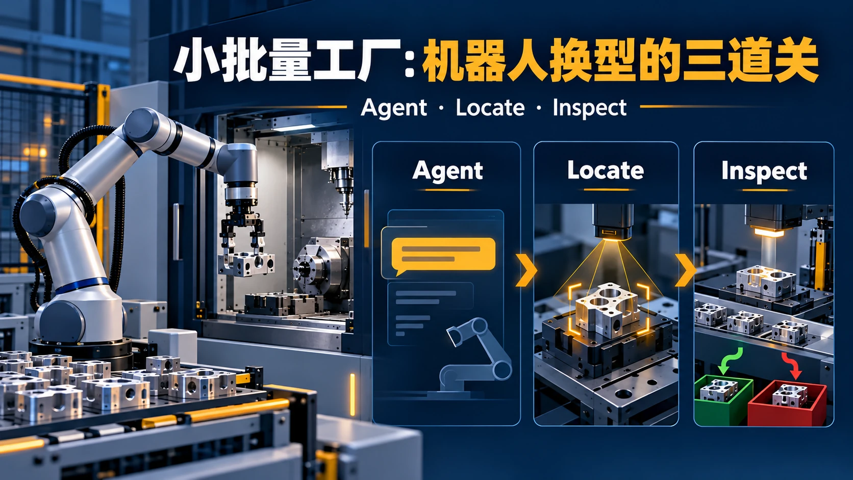 小批量工厂机器人换型三道关：Agent、Locate、Inspect原创概念信息图