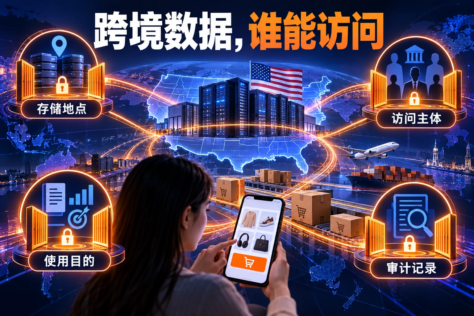 跨境电商数据驻留、远程访问与消费者权利流程概念海报