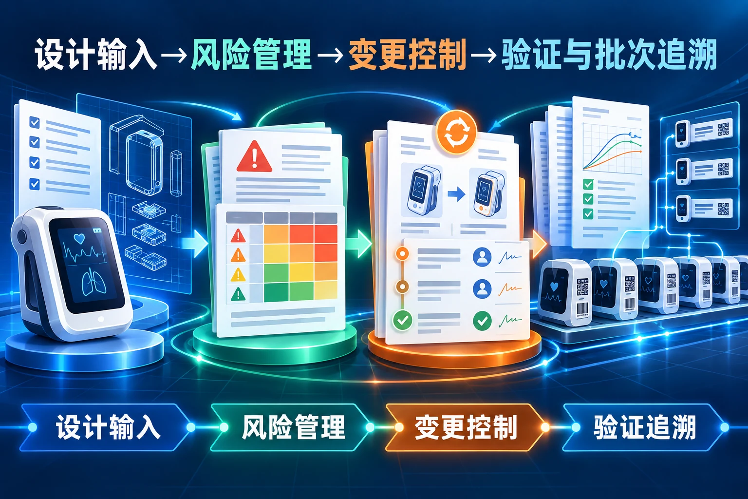 医疗器械需求设计风险验证变更与批准证据链示意