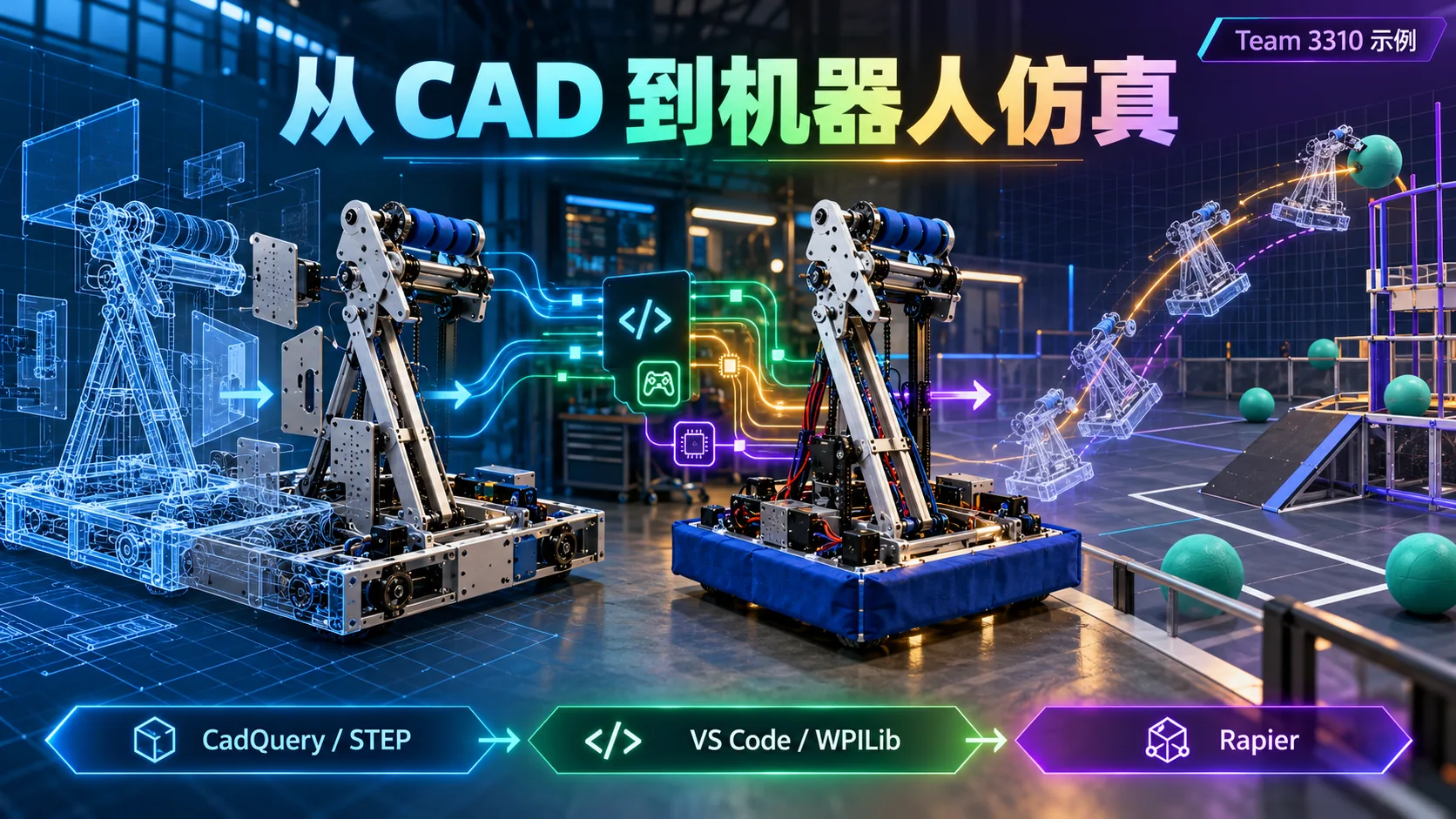 CadCove-FRC 把 CAD、机器人代码和仿真放进一个工作区，工程签收仍在现场：独立正文概念信息海报