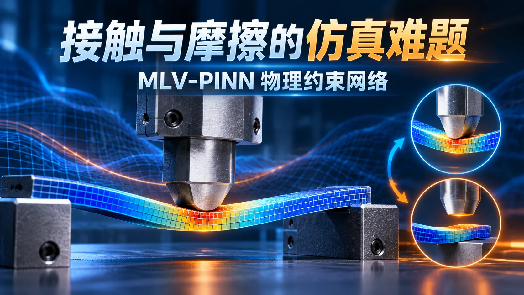 接触、分离、粘滑都要算准：MLV-PINN该怎样进入工业仿真评测：独立封面概念信息海报