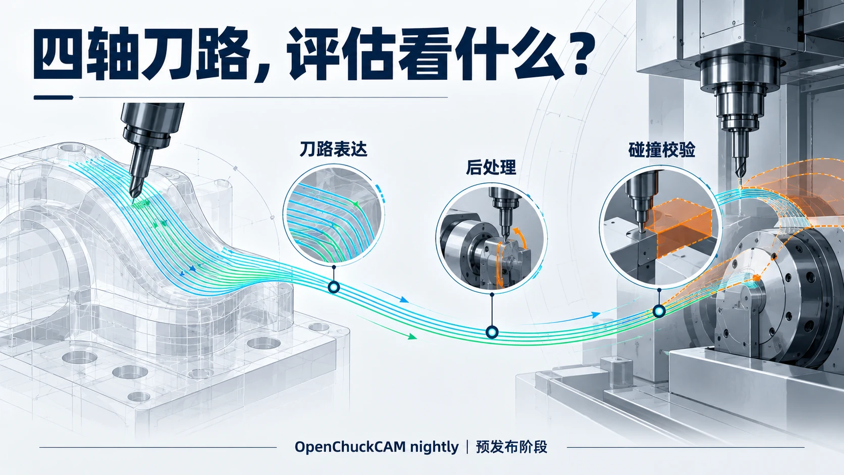 OpenChuckCAM nightly：四轴刀路先过验证关，再谈上机：独立正文概念信息海报