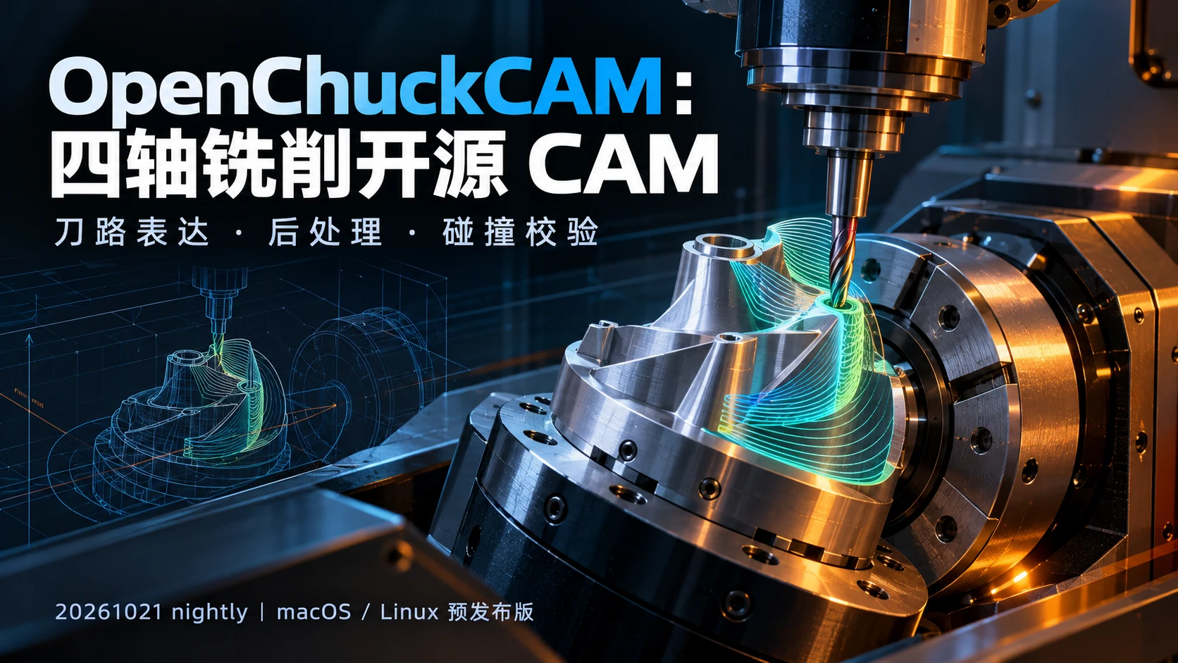 OpenChuckCAM nightly：四轴刀路先过验证关，再谈上机：独立封面概念信息海报