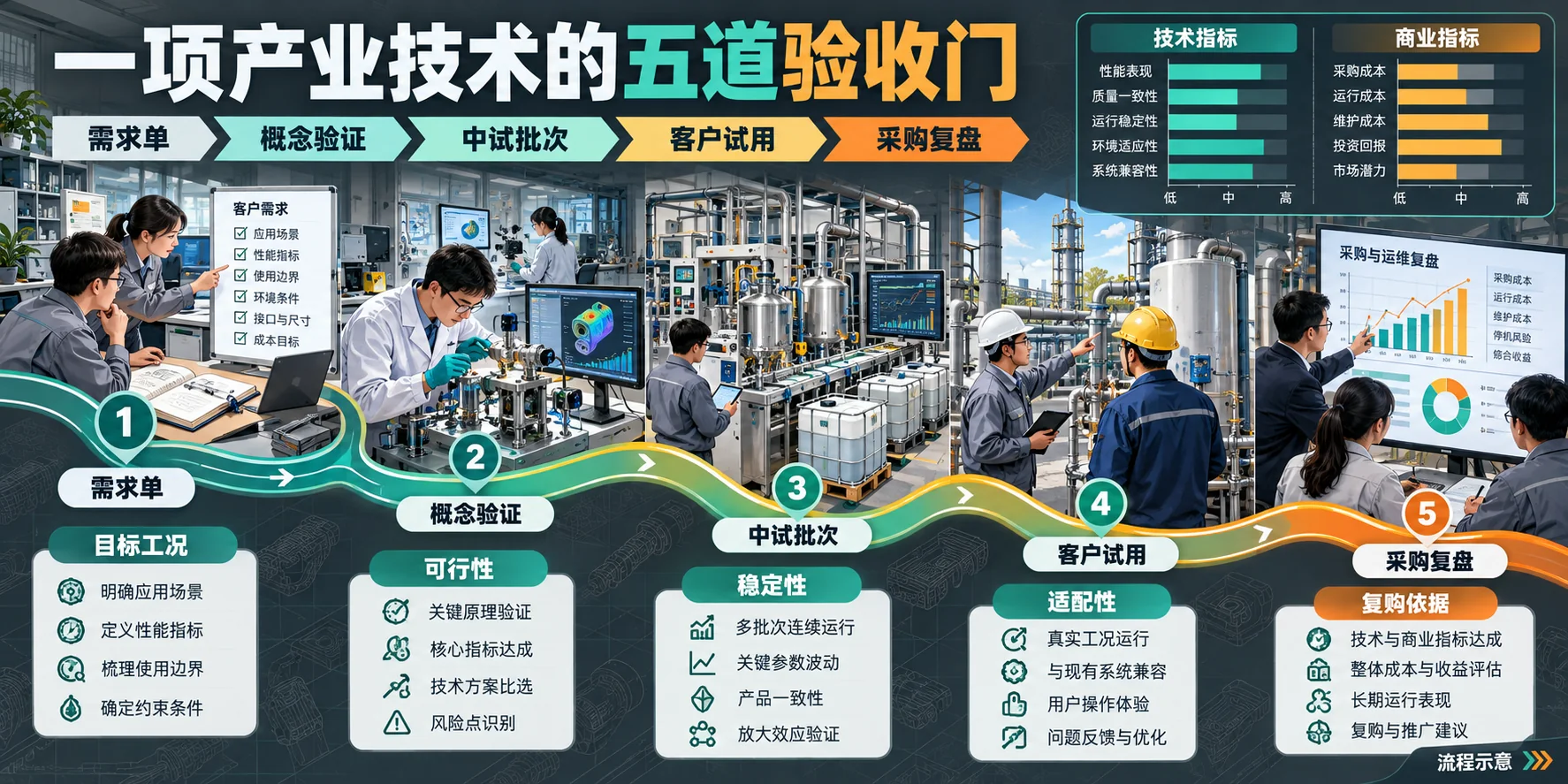 从需求单到概念验证、中试批次、客户试用及采购复盘的五道验收门信息图