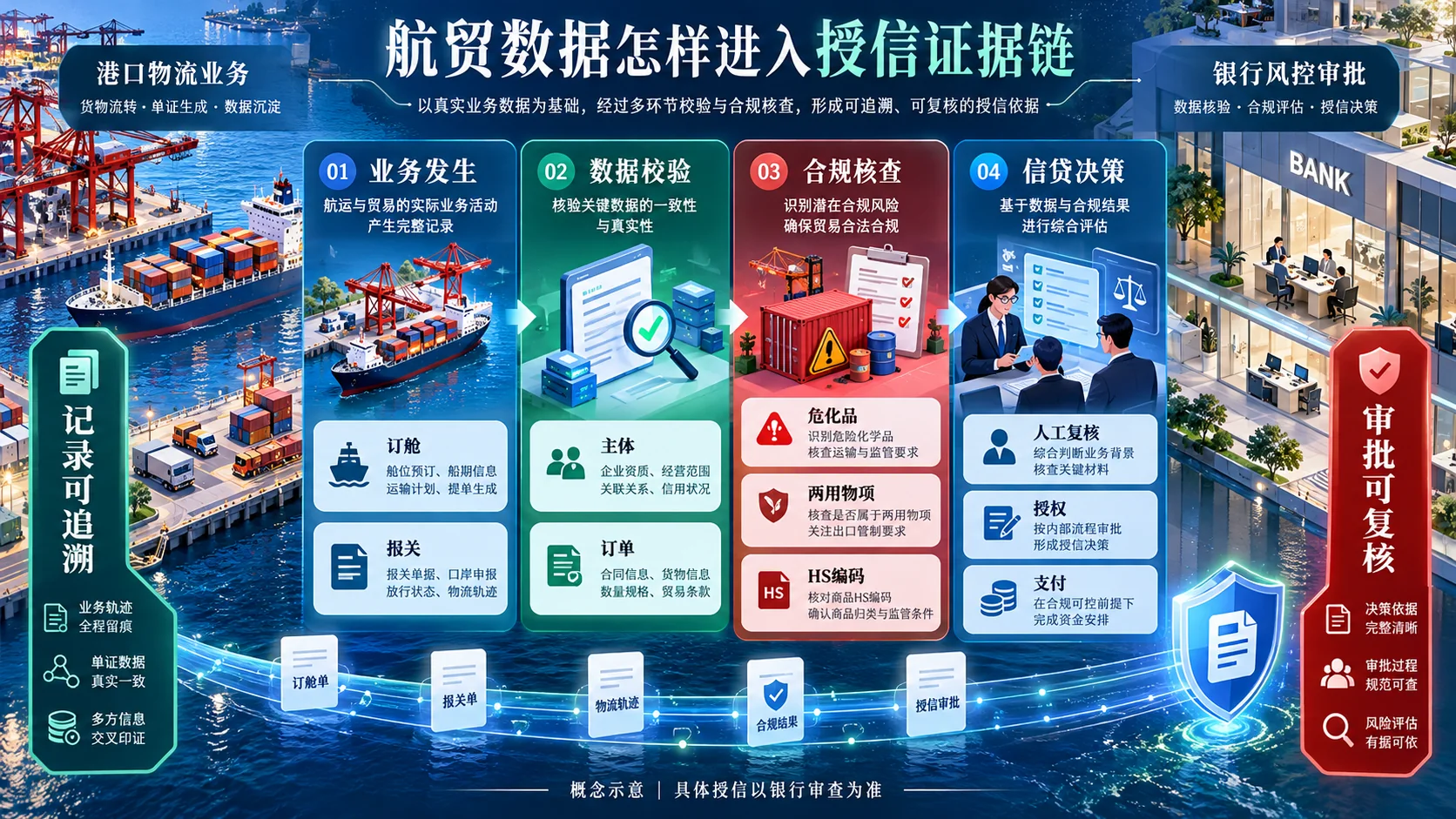 航贸业务发生、数据核验、合规检查到银行授信决策的概念信息图