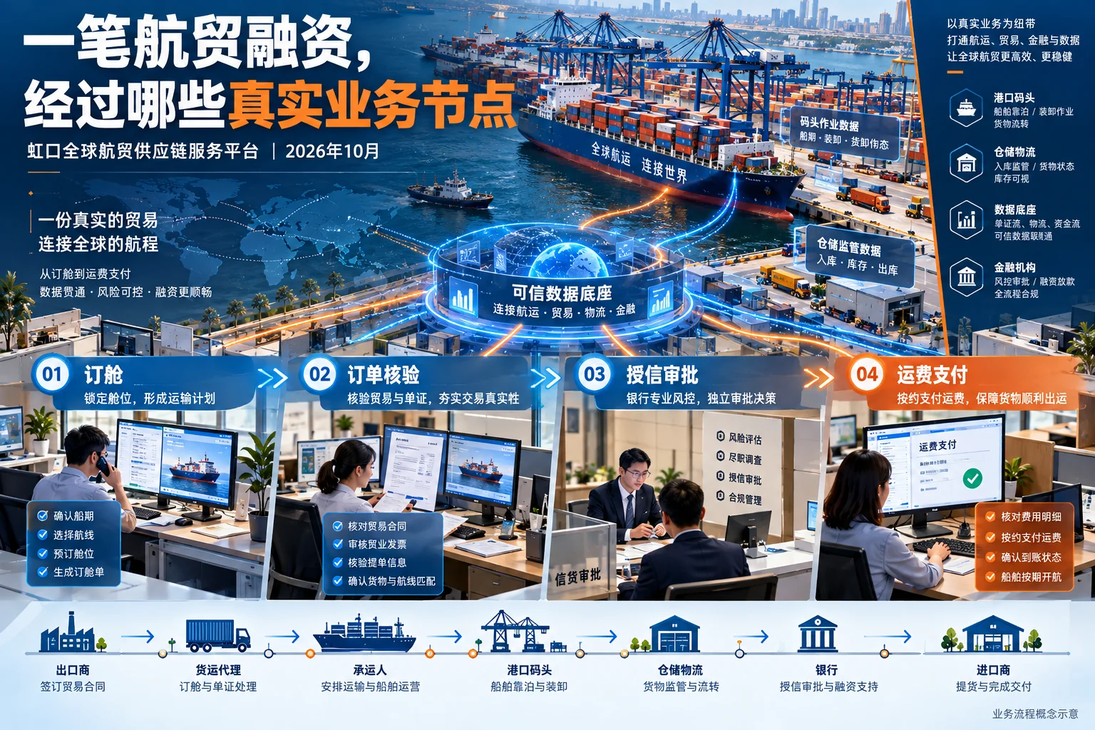 港口订单核验、银行授信审批及运费支付的航贸融资流程概念海报