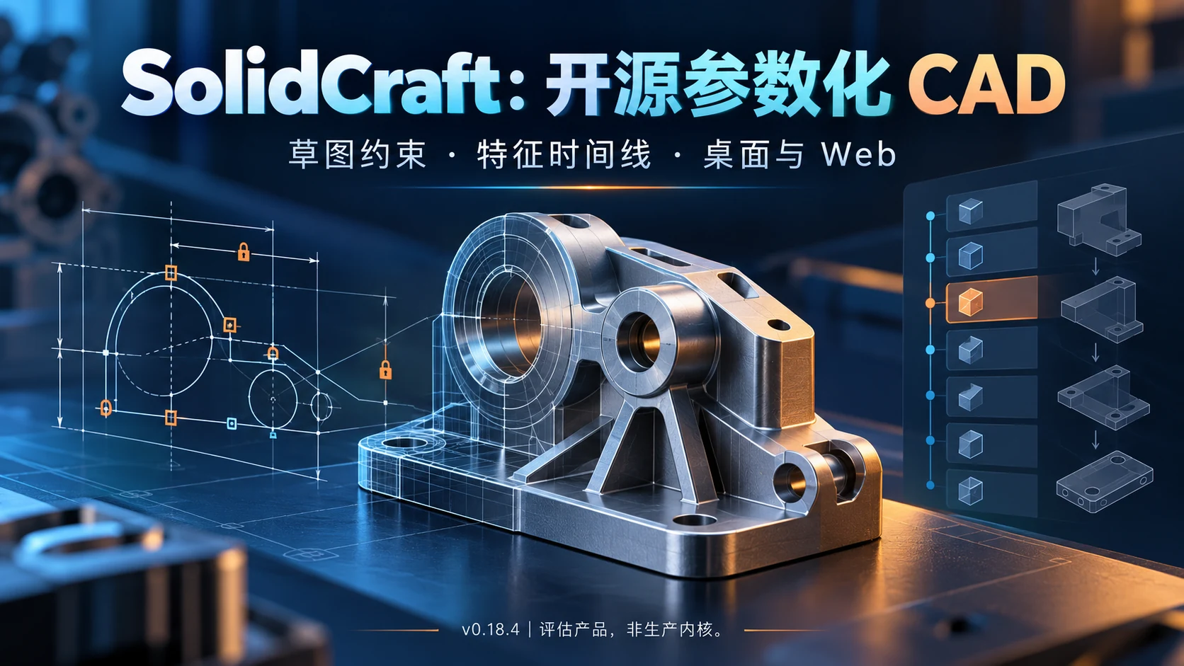 SolidCraft v0.18.4：让参数化CAD接受可追踪的试用：独立封面概念信息海报