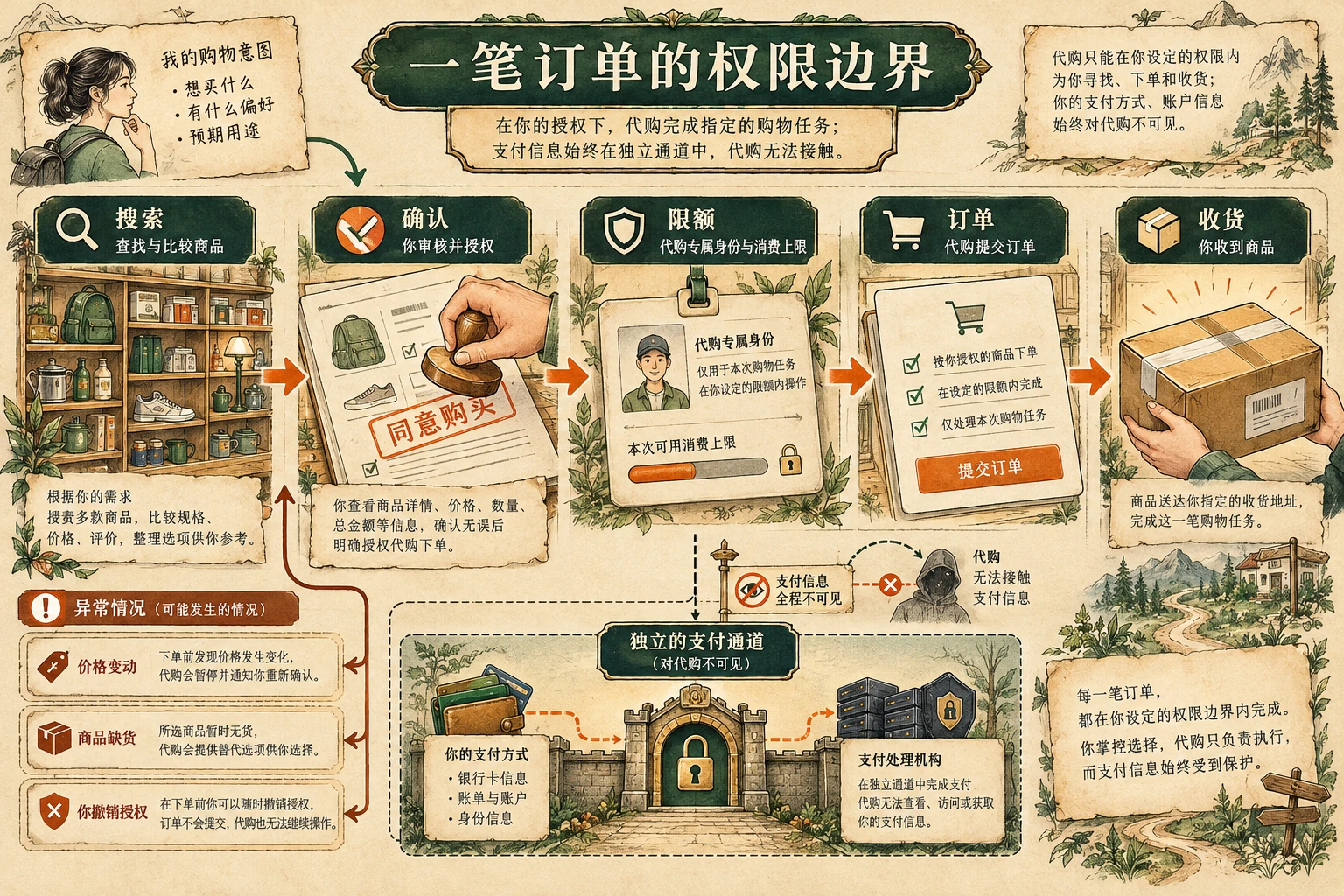 智能体购物从搜索到订单的建议性权限流程图