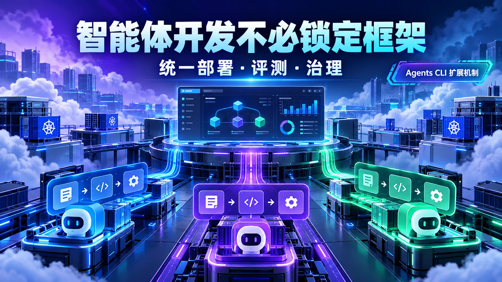 跨框架智能体的开发、部署与治理：独立封面概念信息海报