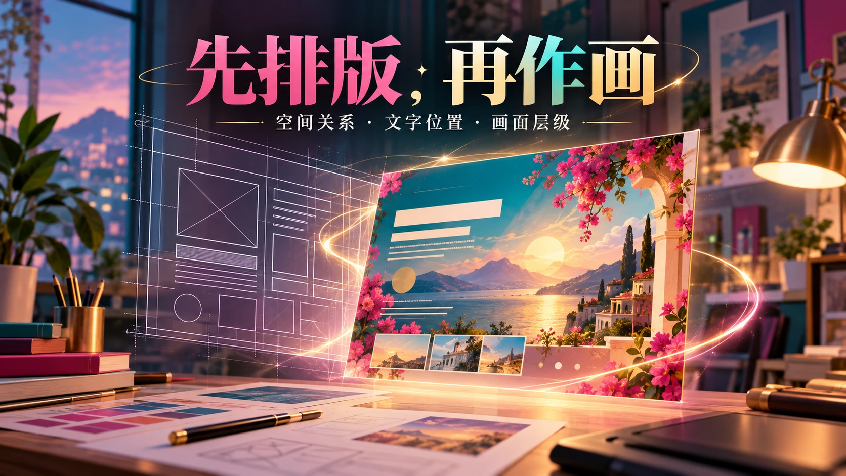 版式规划、空间关系、文字位置和图像渲染，原创财经科技海报示意