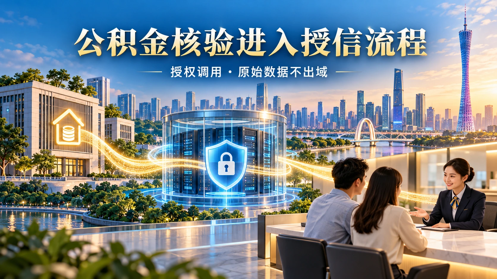 公积金核验与银行授信的数据授权边界；AI生成概念海报，屏幕文字仅为艺术示意