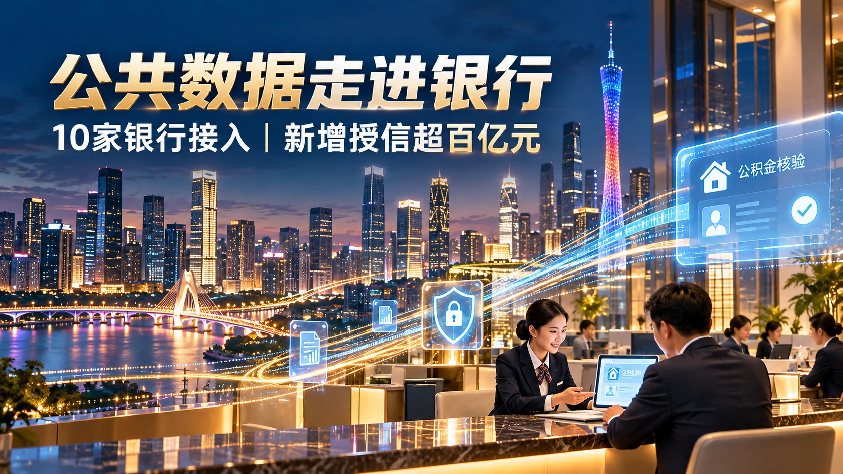 广州公共数据走进银行：10家机构与新增授信口径；AI生成概念海报，非真实业务截图