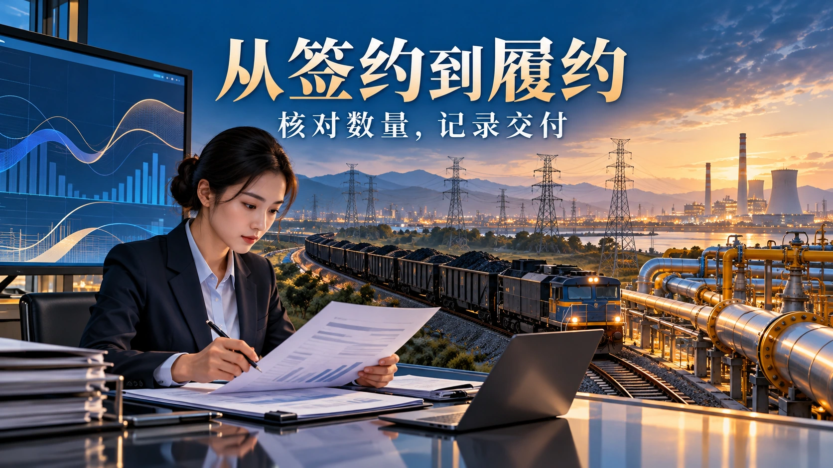 从能源合同签约到履约：核对数量与记录交付；AI生成概念海报
