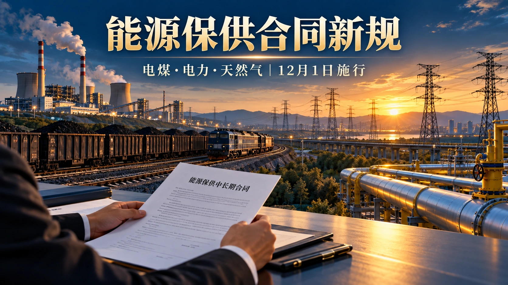 能源保供合同：电煤、电力与天然气的交付场景；AI生成概念海报，非现场照片