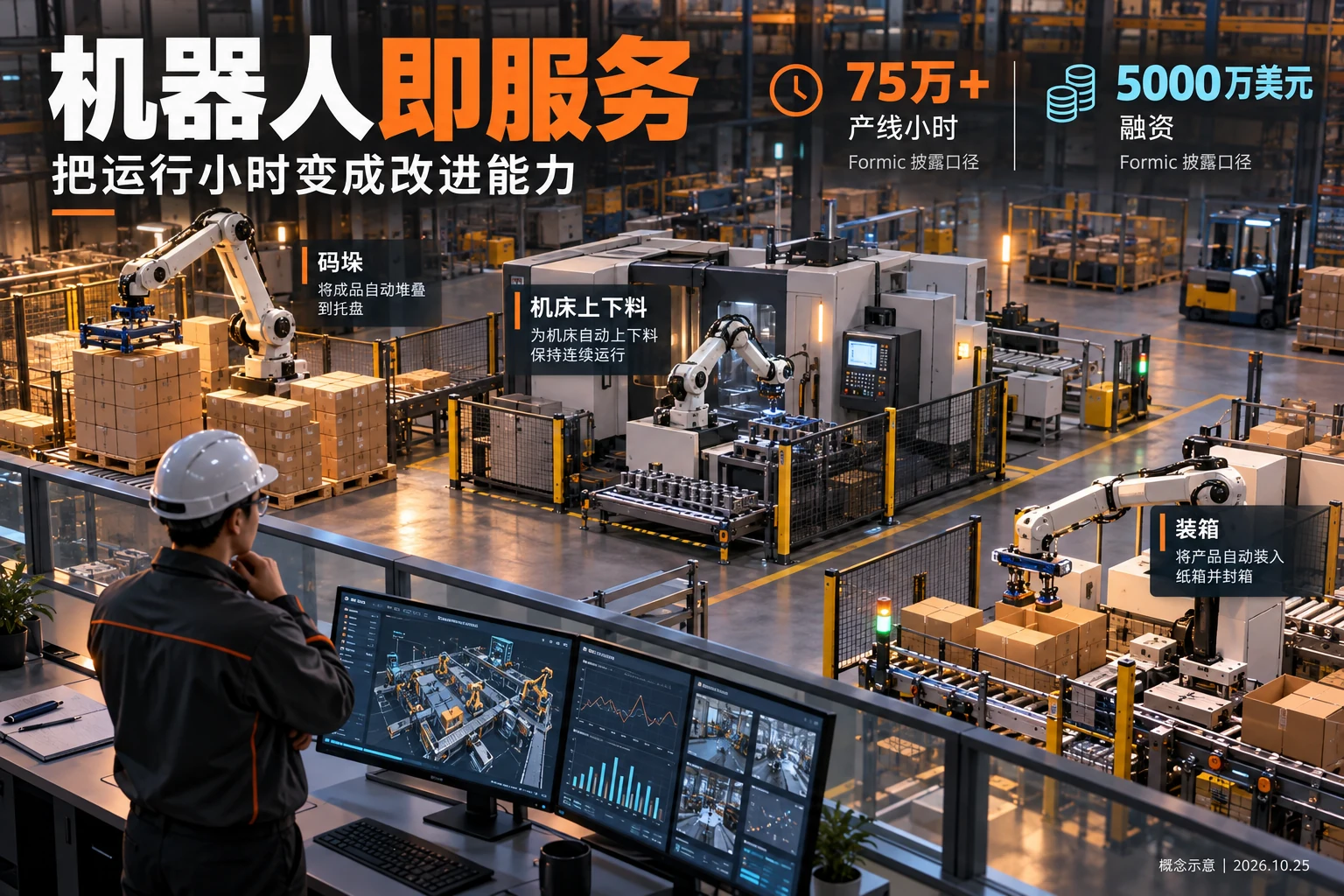 食品包装产线的机器人码垛与远程运维协作概念示意图
