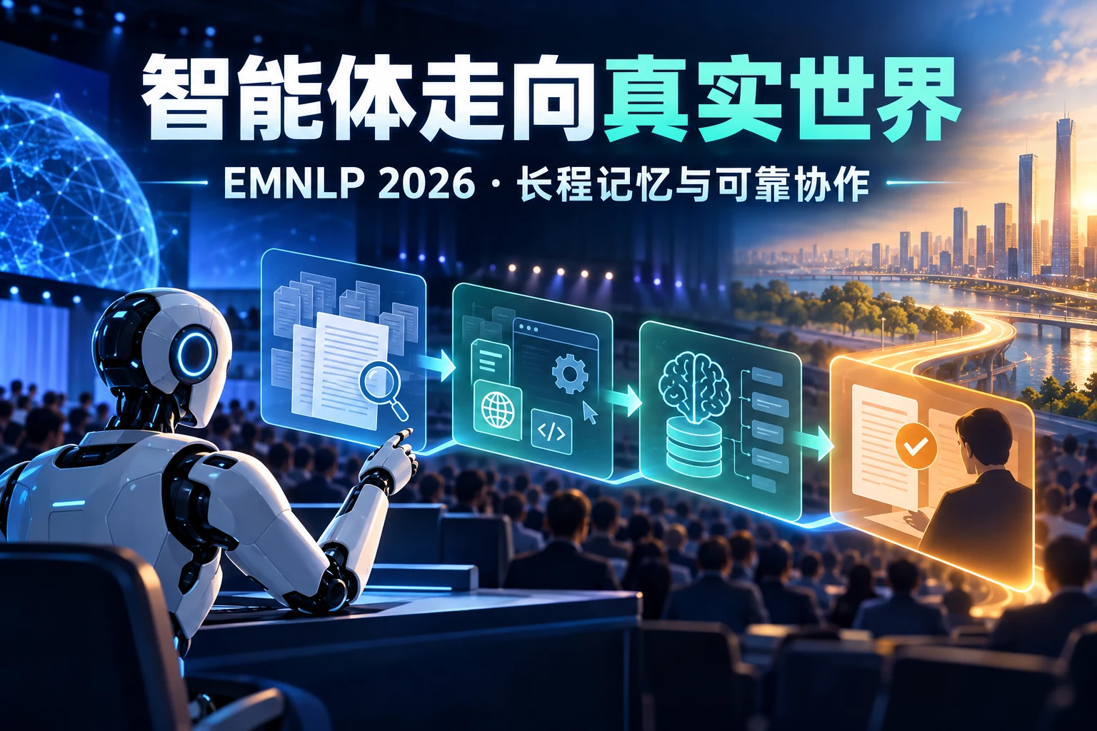 EMNLP 2026：智能体走出问答题，长程任务怎么评封面概念图